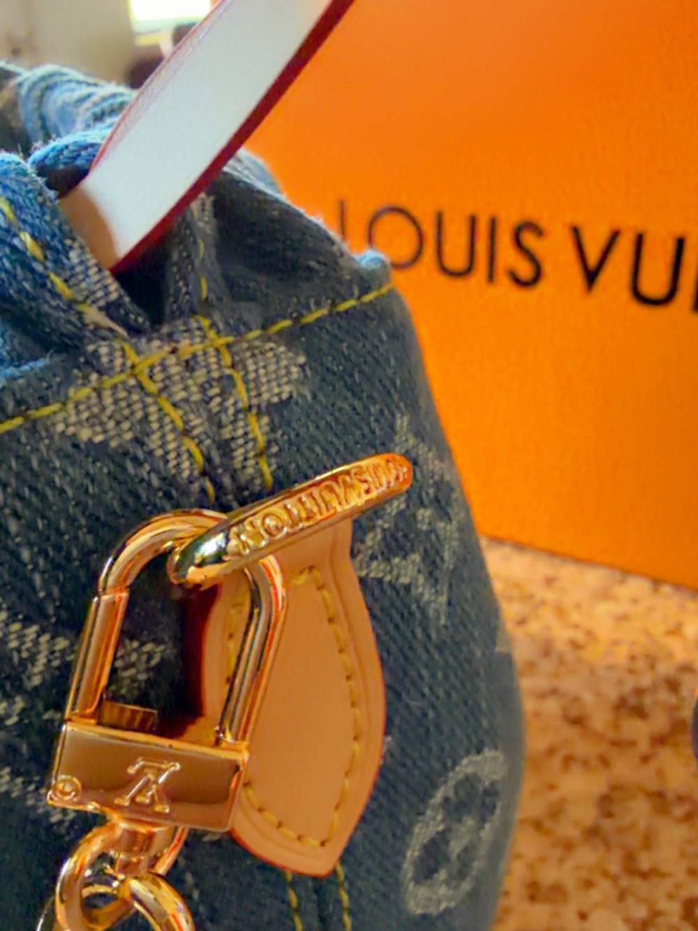 Louis Vuitton Blue Monogram Denim Bucket Shoulder Bag with Gold Chain - Picture 2 of 7